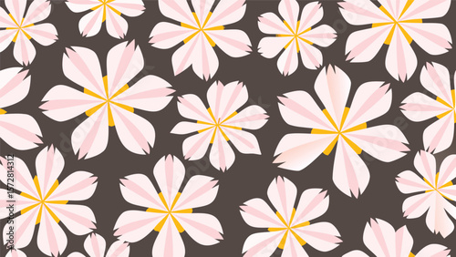 Floral pattern with white and pink flowers and yellow centers on a dark brown background design art