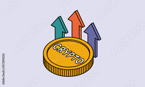 Crypto coin rises, reflecting market growth, in a digital illustration, depicting investment success and financial technology with copy space.