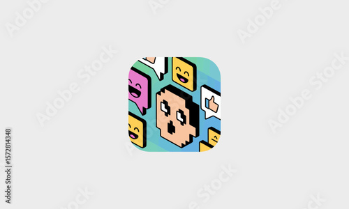 Pixelated Skull App Icon Represents Social Media Discourse on Light Background, showcasing digital discussion, online community, and pixel art aesthetic with copy space.