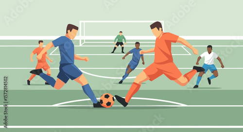 Soccer players kick the ball during a match on the field, showcasing the dynamic action of the game with a teamwork concept and a flat vector illustration style.