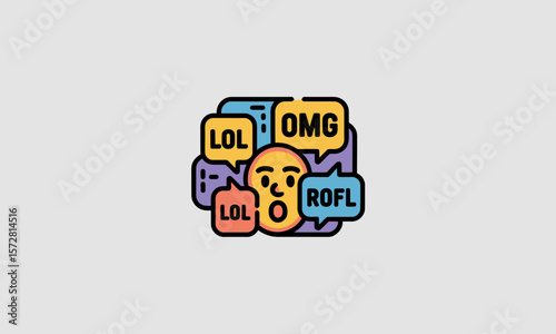 Emoji reaction expresses shock among internet slang words, conveying online communication with outline style and vibrant colors on a gray background.