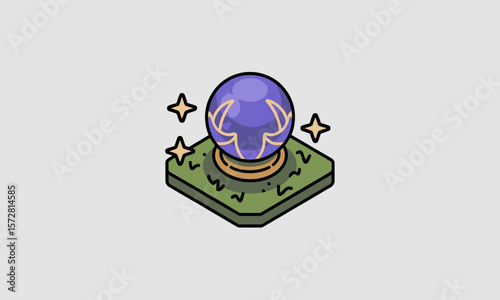 Crystal ball predicts, sitting on grass, in a magical, isolated setting; illustration, mystic, isometric, divination, spiritual, fantasy