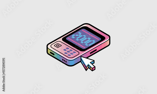 Retro Mobile Phone Displaying '2000' is Clicked, Nostalgically on a White Background, isometric illustration with copy space.