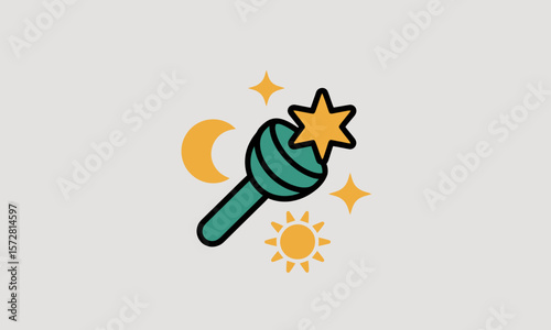 Toy Rattle Shines, Illustrating Playfulness with Symbols of Moon, Sun, and Stars, creating a whimsical mood, icon illustration.
