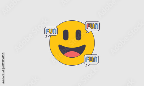 Happy yellow emoji promotes fun with speech bubbles in a lighthearted concept, vector illustration with copy space.