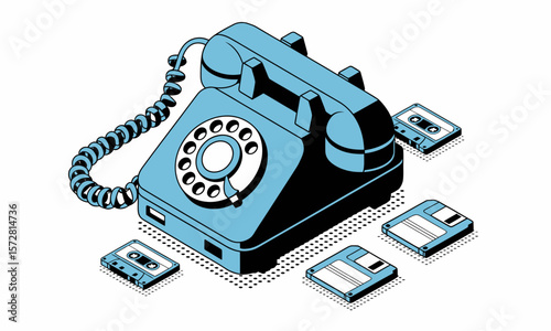 Retro Telephone Represents Obsolete Technology, symbolizing communication evolution with cassettes and floppy disks, isolated on white, isometric illustration, with copy space.
