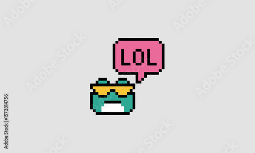 Pixelated Frog Wearing Sunglasses Says LOL against a Neutral Background, creating a humorous, nostalgic, and retro design, with copy space.