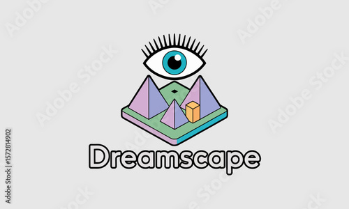Logo Symbol Illustrates an Abstract Dreamscape, with Graphic Design, Isometric Perspective, and Surreal Concept.