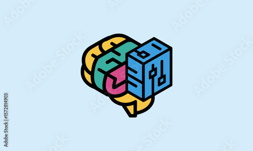 Brain Processing Information with an Interface, suggesting data analysis and AI integration, on a light blue background, digital illustration, isometric, vector.