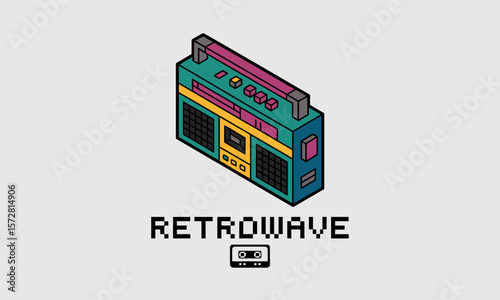 Retro Boombox broadcasts music in a digital illustration with a vintage vibe, creating a retrowave aesthetic and pixelated nostalgia.