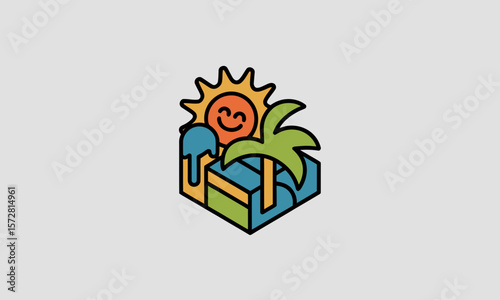 Sunny icon design shows a stylized scene with a beaming sun, palm tree, and boxy landscape, conveying a travel concept with a clean, modern illustration.