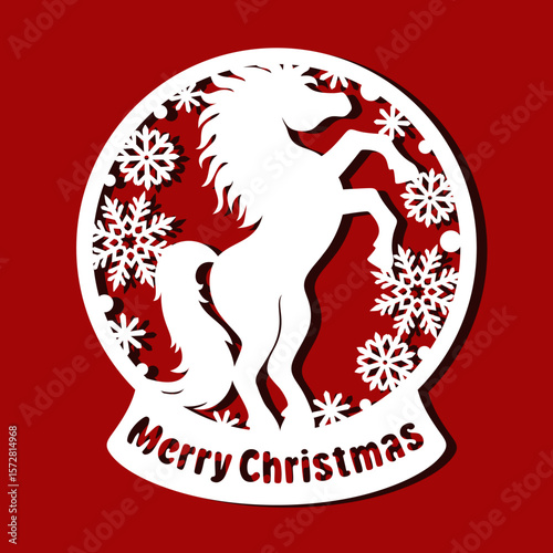 Snow globe with horse. Round festive decoration with Chinese New Year symbol, snowflakes, Merry Christmas inscription. Template for plotter laser cutting of paper, wood carving, metal engraving, cnc.