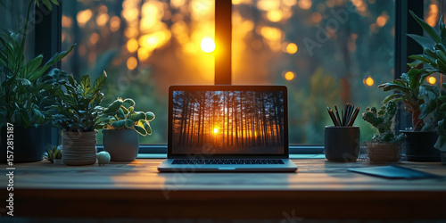 a peaceful home office setup, featuring a laptop with motivational quotes on the screen, plants, and soft light, with ample space on the right for copy placement