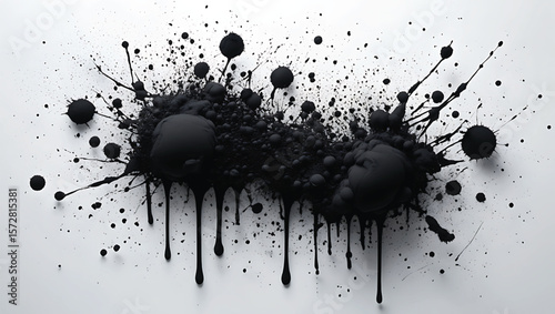 Black ink splatters and drips on white background abstract paint