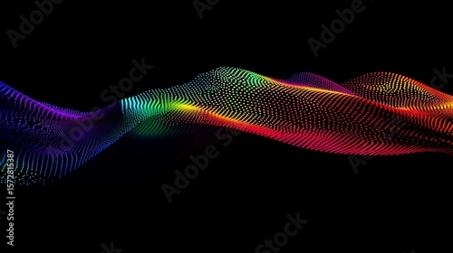 A mesmerizing wave of multicolored dots gracefully moving against a stark black backdrop