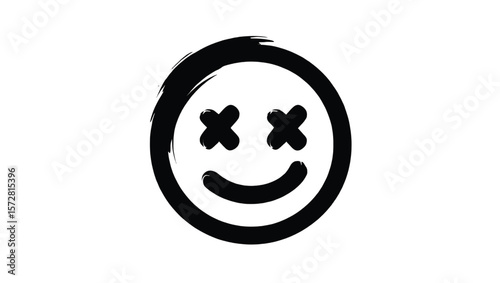 Black smiley face with x eyes and curved mouth white