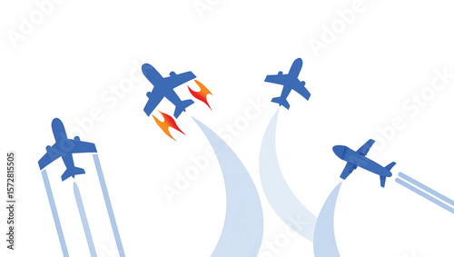 Blue airplanes flying with trails and flames white orange