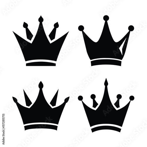 Crown Silhouette Vector Set Black Icon Collection Isolated on White Background