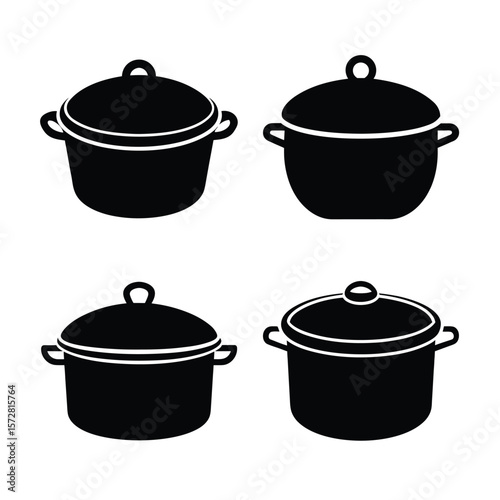 Cooking pot Silhouette Vector Set Black Icon Collection Isolated on White Background