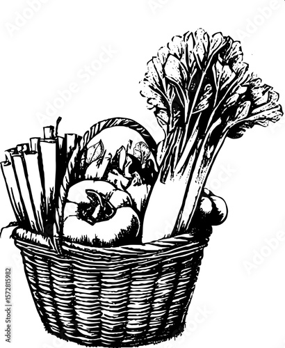 Hand-drawn basket filled with assorted vegetables and herbs  