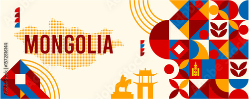 Colorful Geometric Mongolia Banner with Cultural Symbols and Flag Elements