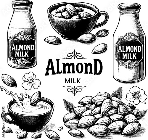 Almond milk bottles and cup with almonds and flowers in vintage style  