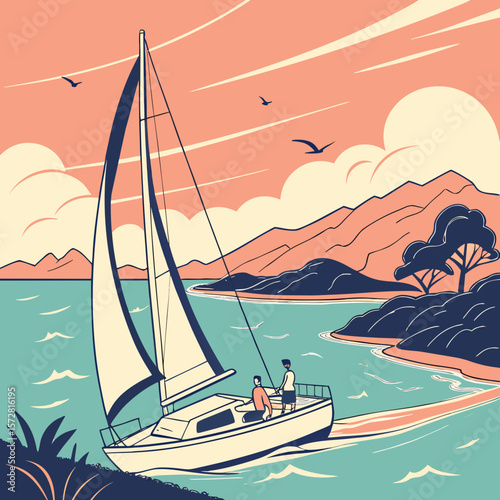 Sail Ship Seascape – Scenic Vector Illustration of Sailing Vessel on Open Ocean with Horizon

