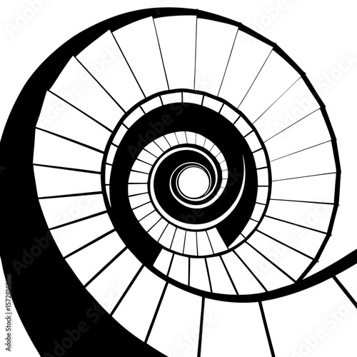 “A spiral staircase viewed from above, architectural symmetry with strong contrast between light and shadow.”