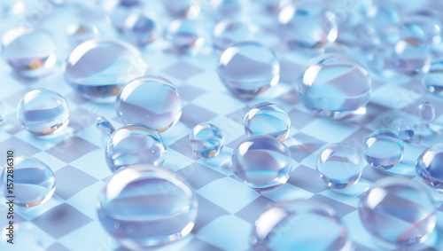 Clear Spheres Reflecting Blue and Pink Hues on a Checkerboard Surface water droplets