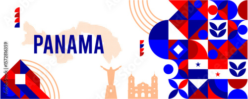 Colorful Geometric Panama Banner with Cultural Symbols and Flag Elements