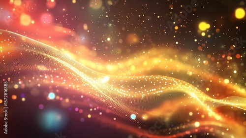 A 3D vector wave of softly glowing dots in warm colors creates an abstract design