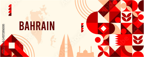 Colorful Geometric Bahrain Banner with Cultural Symbols and Flag Elements