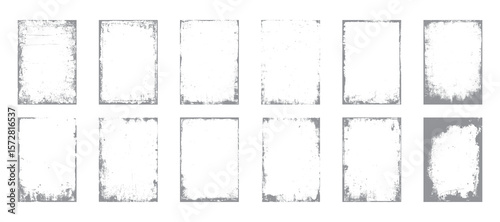 Rough grunge frame collection with dirty vintage rectangle borders. Abstract distressed texture pack on white background. Worn edge design template set.
