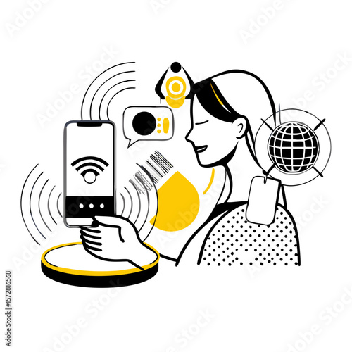 Woman using smartphone with voice assistant and wireless signals  