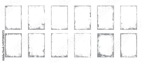 Grunge frame bundle with distressed rectangle borders for design. Vintage rough edge overlay collection on white background. Dirty textured border set.
