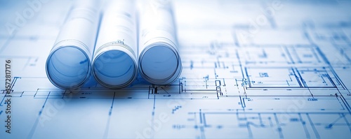 Architectural blueprints rolled up on a table