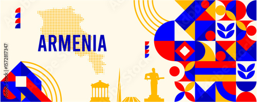 Colorful Geometric Armenia Banner with Cultural Symbols and Flag Elements
