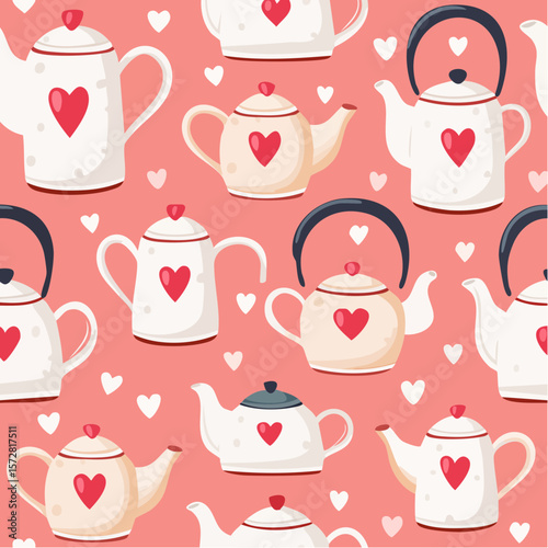Seamless vector pattern with cute ceramic teapots. Trendy pottery object with hearts on pink background. Retro funky kitchen decor. Wallpaper, wrapping paper, textile ...