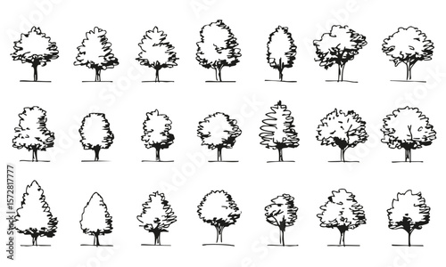 Hand-Drawn Tree Silhouettes Illustration Set. Landscape Architecture and Environmental Design Collection. Artistic Expression and Nature Inspiration. Isolated Vector Illustration