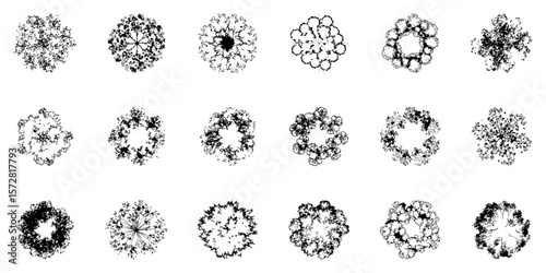 Abstract Black and White Tree Top View Silhouettes Set. Landscape Architecture and Garden Planning Design Collection. Organic and Aesthetic Visualization. Isolated Vector Illustration