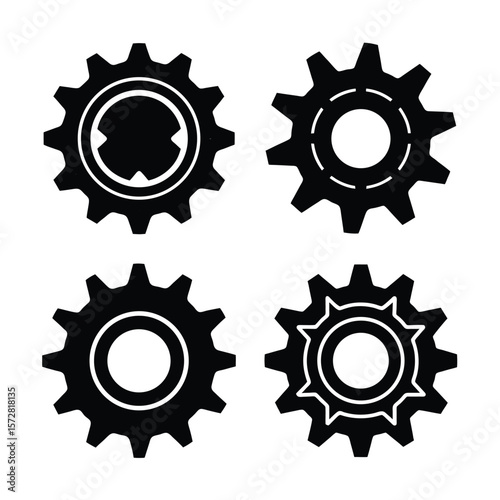 Gear Silhouette Vector Set Black Icon Collection Isolated on White Background