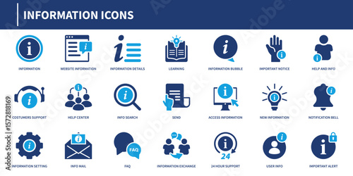 Information icons solid style with info sign, document, customer, bulb, alert, headset, search, group, chat, call center, notification, and gear