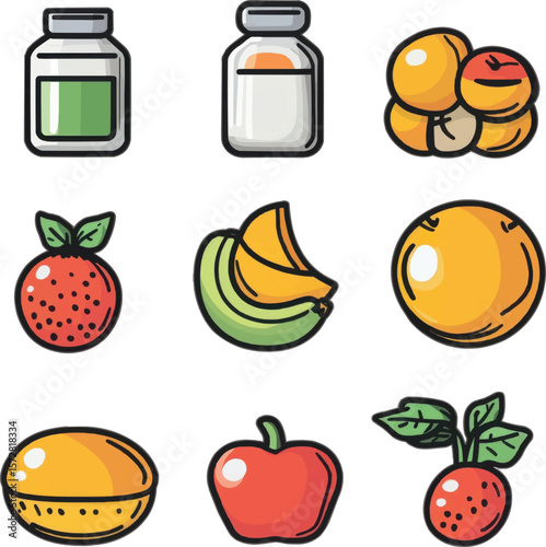 Vitamins and Fresh Fruits Collection: An artful array showcases health and wellness, combining vibrant, stylized illustrations of nutrient-rich vitamins with various single fresh fruits.