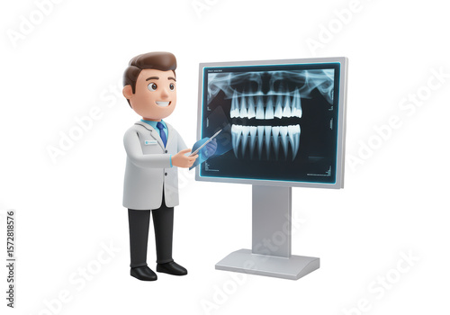 Isolated Cartoon Dentist Pointing to X-Ray Image of Teeth