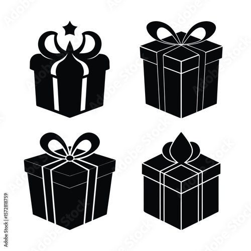 Gift box Silhouette Vector Set Black Icon Collection Isolated on White Background