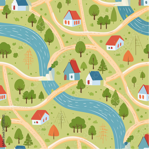 Seamless pattern of countryside village map with streets, roads, houses, river, mountains, forest and farm. Hand drawn rural town vector illustration. ...