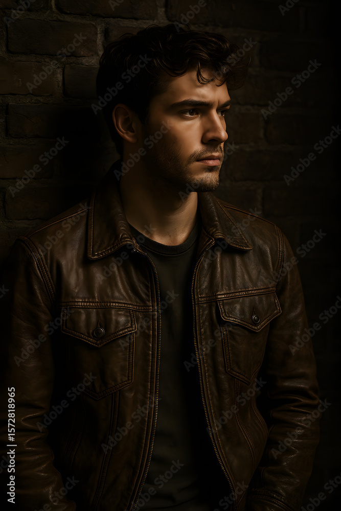 Obraz premium A young adult man in a leather jacket stands against a brick wall, appearing thoughtful and intense in dramatic lighting