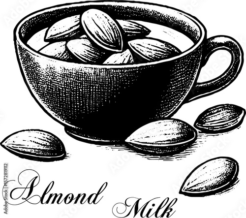 Almond milk in cup with almonds on white background  