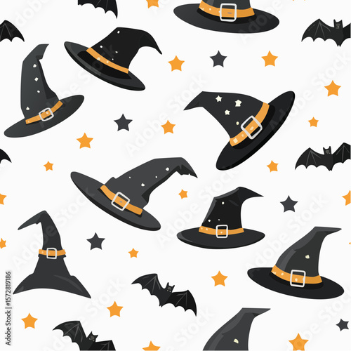 Seamless vector pattern with black witch hat and bat decorated with stars. Halloween background with magic elements. Spooky doodle texture for design and ...