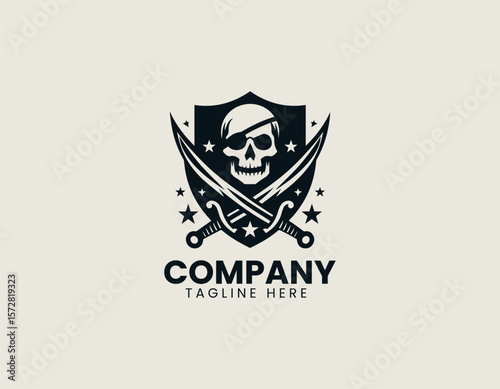 Intimidating Pirate Skull Emblem Crossed Swords Maritime Adventure Vector Logo Design